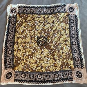 Floral Leaf Patterned Scarf 34” x 34” Black Orange Brown Pink Yellow